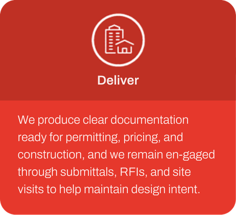 Deliver - We produce clear documentation ready for permitting, pricing, and construction, and we remain en-gaged through submittals, RFIs, and site visits to help maintain design intent.