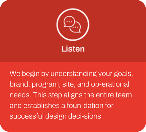 Listen - We begin by understanding your goals, brand, program, site, and operational needs. This step aligns the entire team and establishes a foundation for successful design decisions.